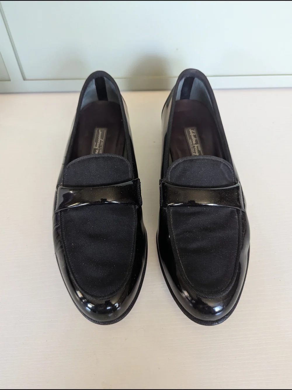 Salvatore Ferragamo Black Patent & Fabric Slip-On Loafers